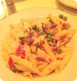 Ziti Pomodoro (prosciutto, cherry tomatoes, peas, onions, garlic & parmesan)