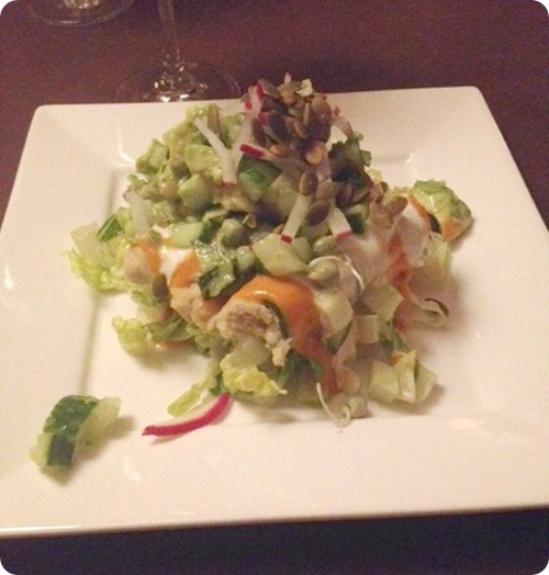 Live Zucchini Enchiladas – cashew cheese, crunchy sprouts, avocado, cashew sour cream, toasted pumpkin seeds, cucumber-jicama salsa, chipotle-tomato sauce.